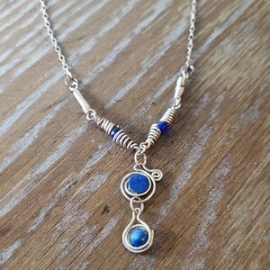 Hand Crafted Blue and Silver Tone Pendant Necklace